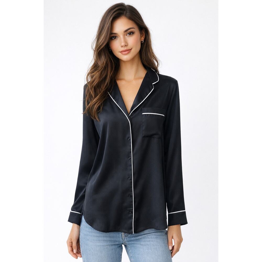 Zara Basic Collection Pajama Top in Black White Piping Size Medium NWT